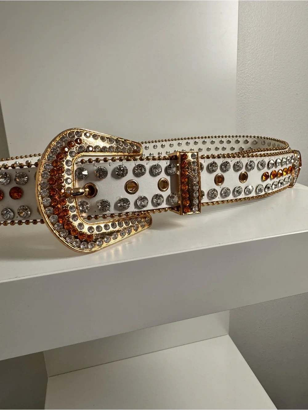 New/In Box White Crystal-Embellished Belt with Gold Buckle